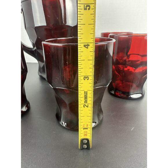 Vintage Ruby Red Georgian Honeycomb Viking 4" Glass Pitcher And 4 Tumblers - Picture 3 of 9